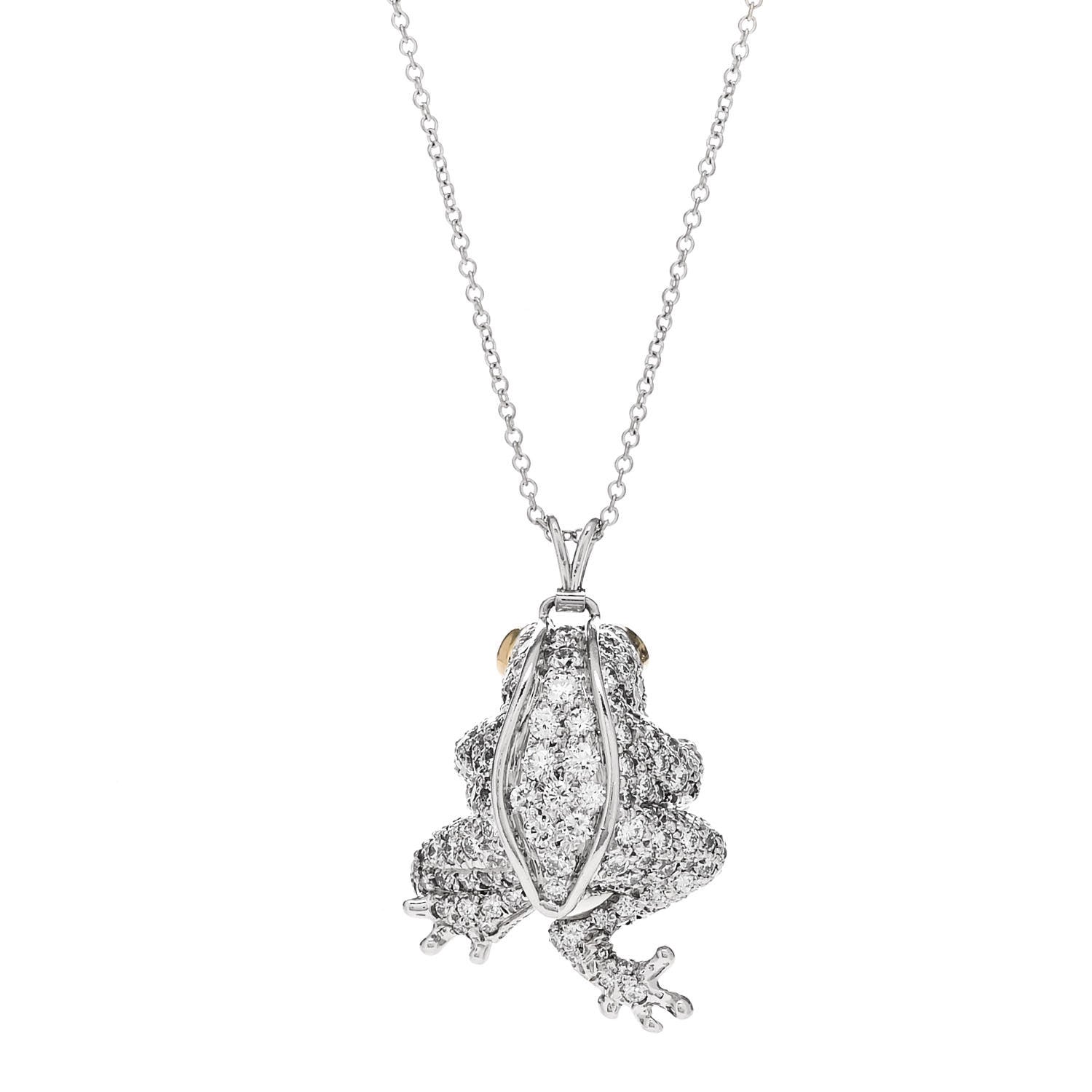 Tiffany Platinum 18K White Yellow Gold Pearl Diamond Frog Necklace 4 of 7