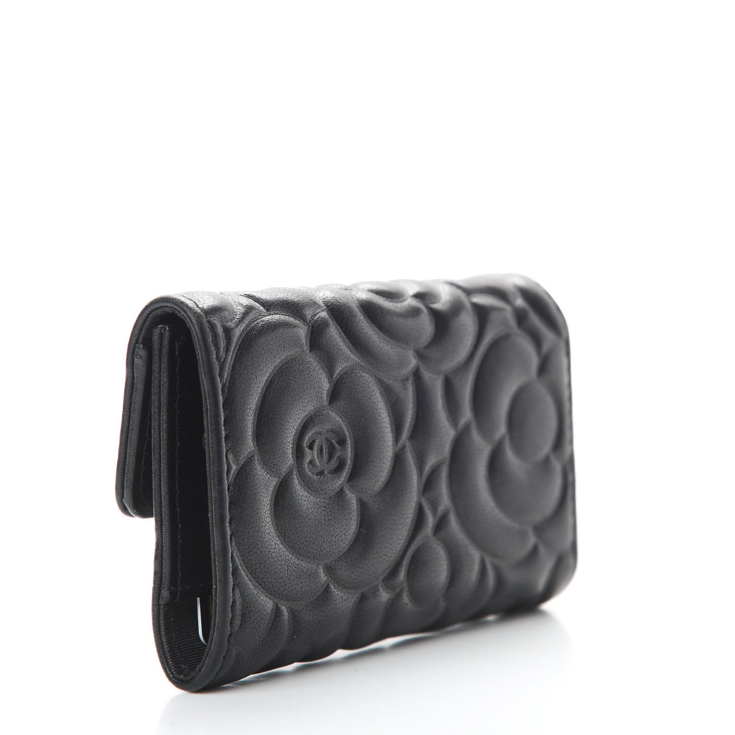 Goatskin Camellia Embossed 4 Key Holder Black