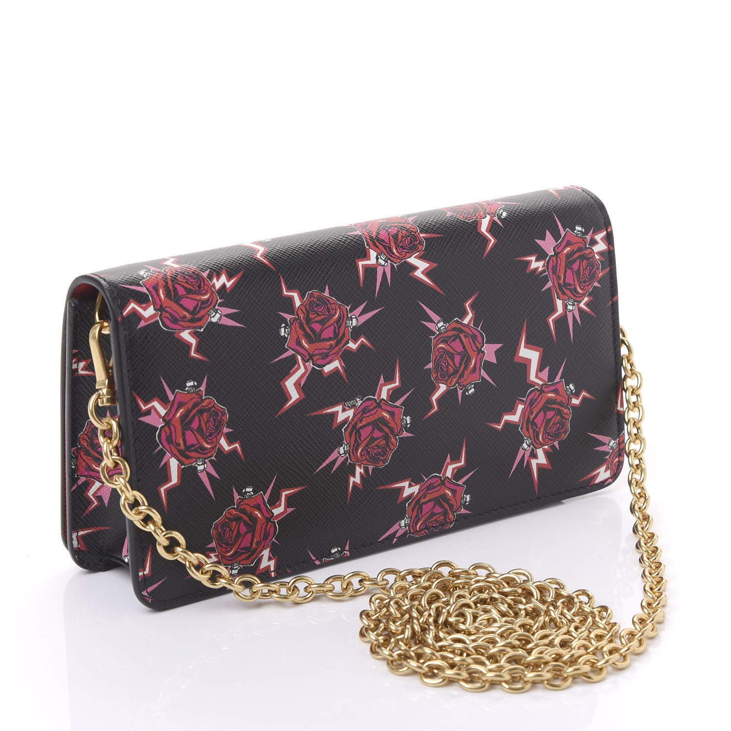 Prada X UNIVERSAL STUDIOS Saffiano Frankenstein Rose Chain Wallet Lacca 3 of 9