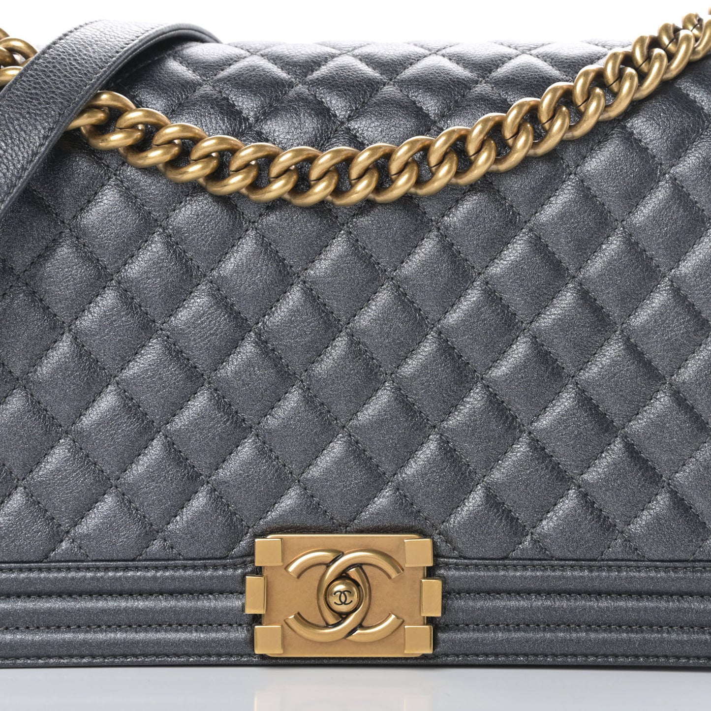 Metallic Calfskin Quilted New Medium Boy Flap Dark Grey