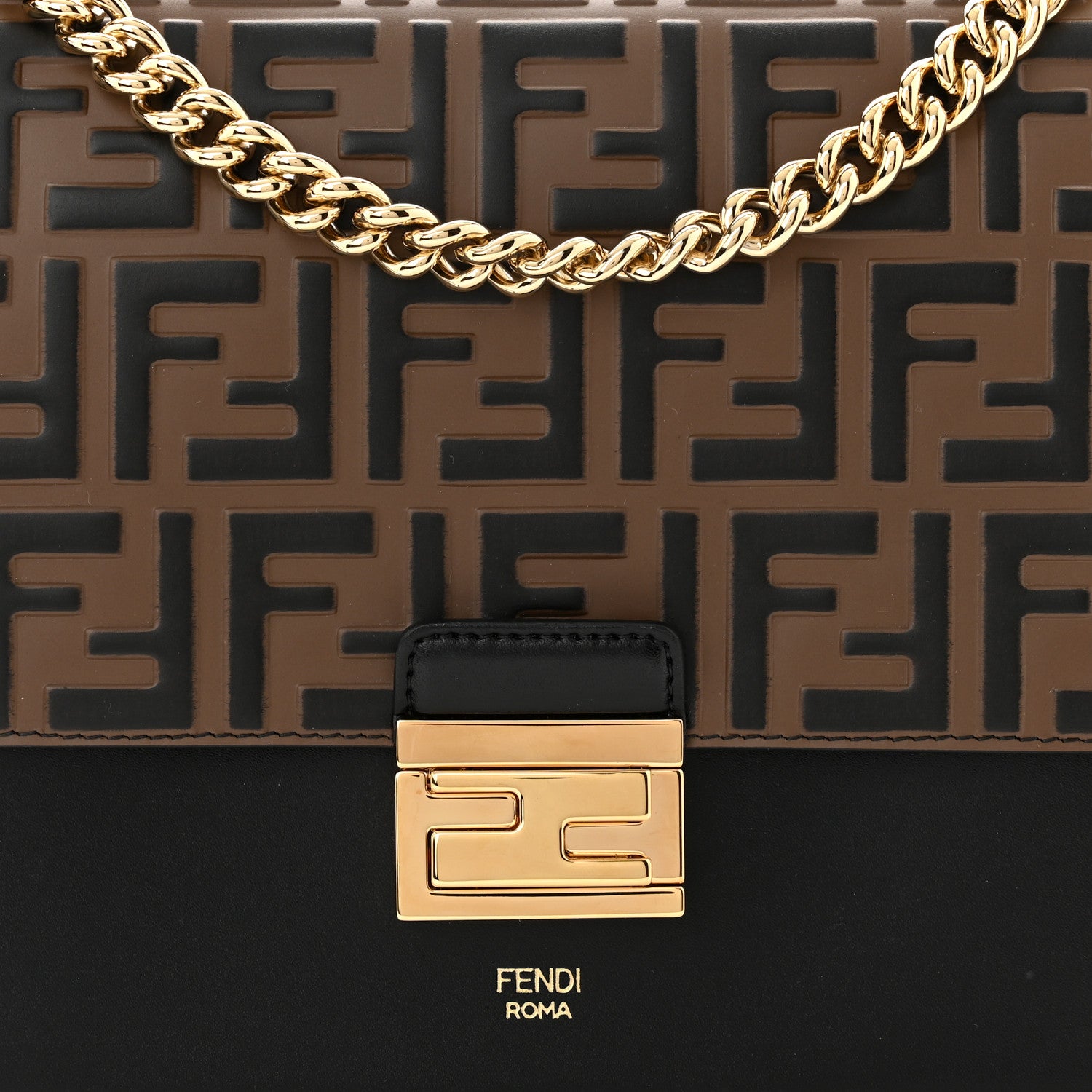 Fendi Vitello Liberty Bi-Color FF 1974 Embossed Chain Strap Kan U Shoulder Bag Black Maya 7 of 11
