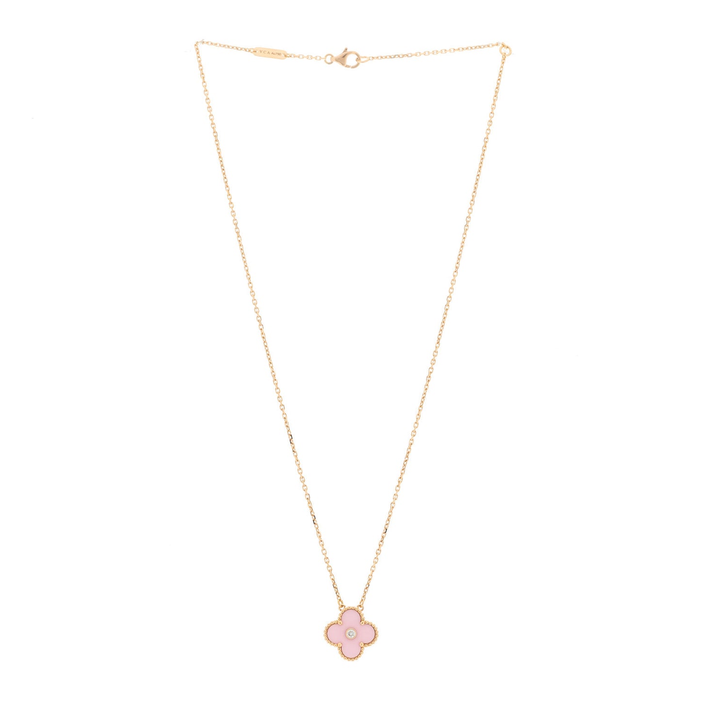 18K Rose Gold Diamond Pink Porcelain Vintage Alhambra Pendant Necklace