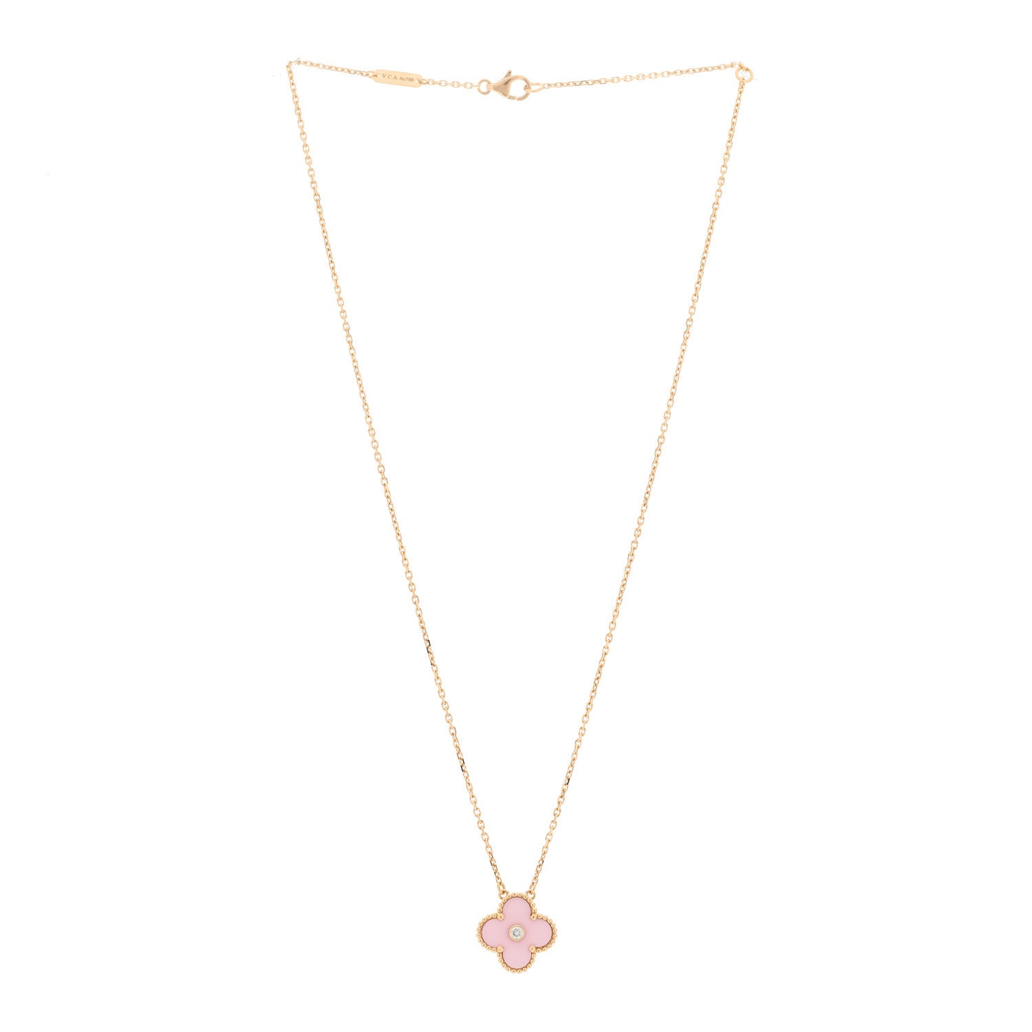 Van Cleef & Arpels 18K Rose Gold Diamond Pink Porcelain Vintage Alhambra Pendant Necklace 3 of 5