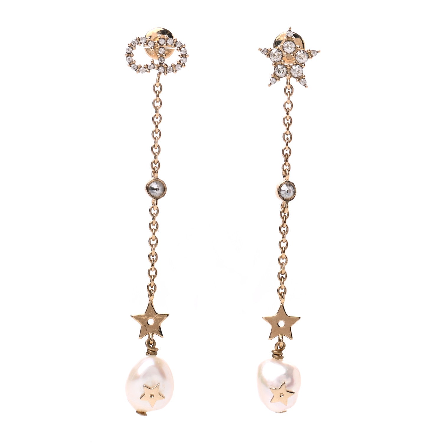 Christian Dior Pearl Crystal Shiny-D Dangle Chain Earrings Gold 1 of 4