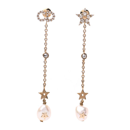 Christian Dior Pearl Crystal Shiny-D Dangle Chain Earrings Gold 1 of 4