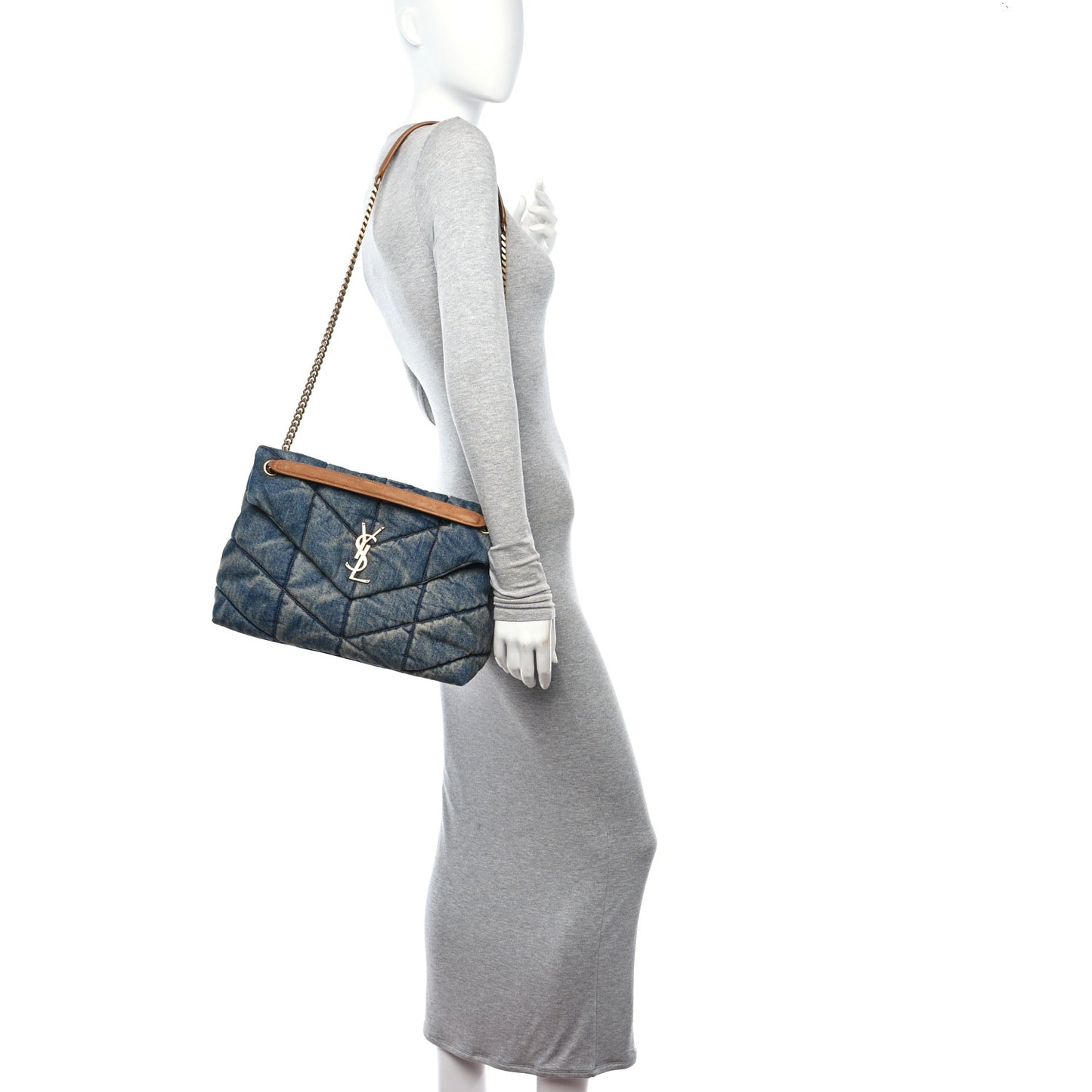 Denim Quilted Medium Loulou Puffer Monogram Chain Satchel Blue Cinnamon