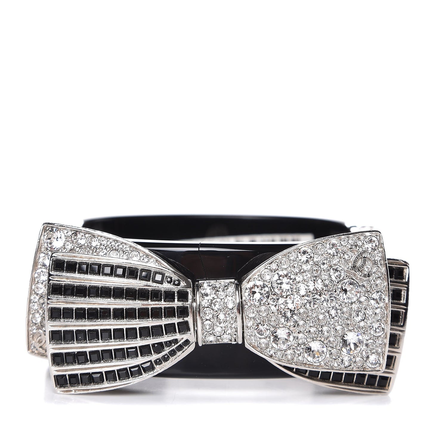 Resin Crystal CC Bow Cuff Bracelet Black Silver