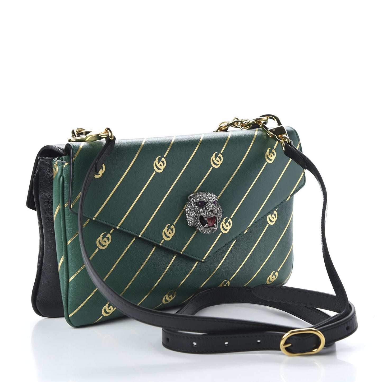 Calfskin Diagonal GG Medium Thiara Double Envelope Shoulder Bag Emerald Green Black