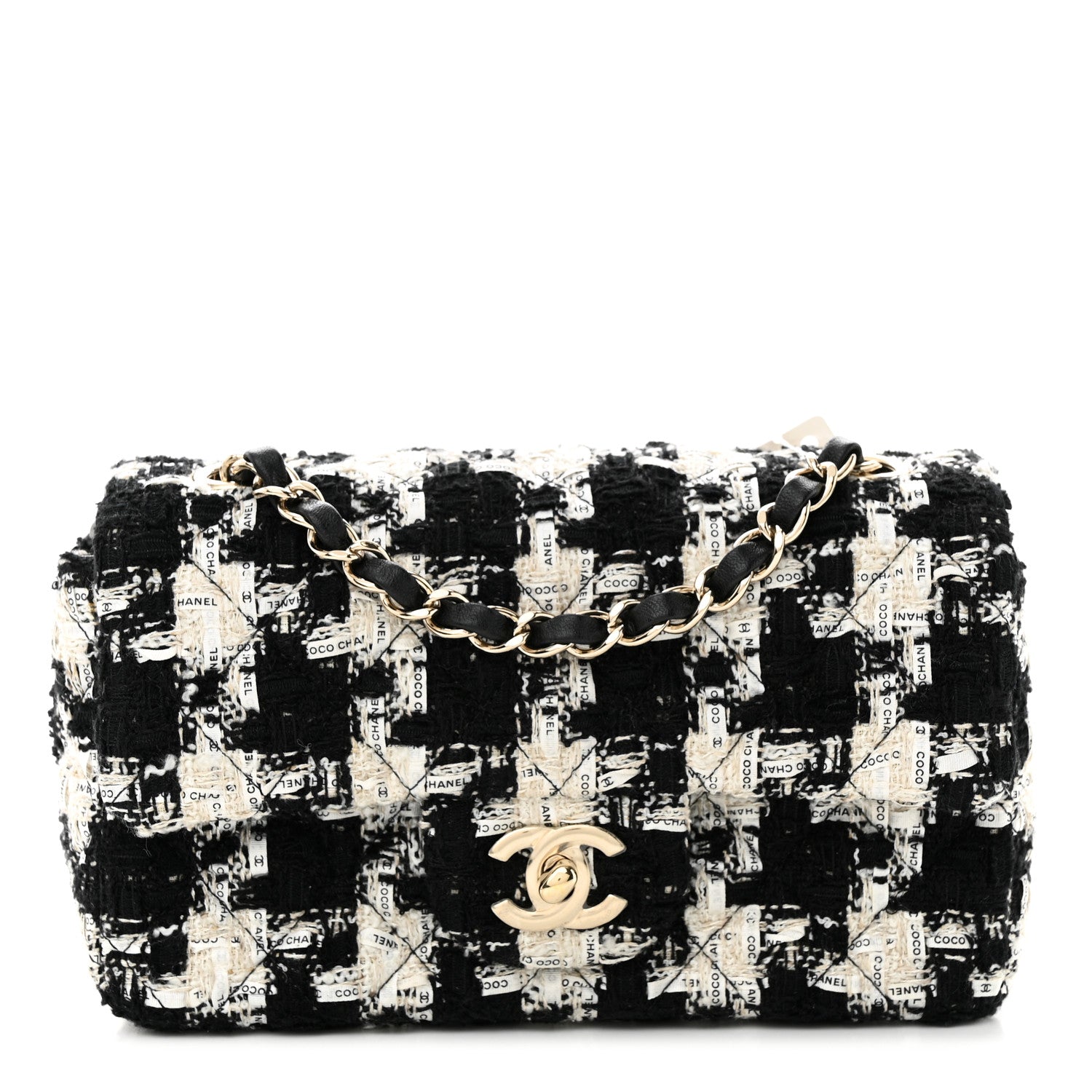 Chanel Tweed Quilted Mini Rectangular Flap Black Ecru White 1 of 10