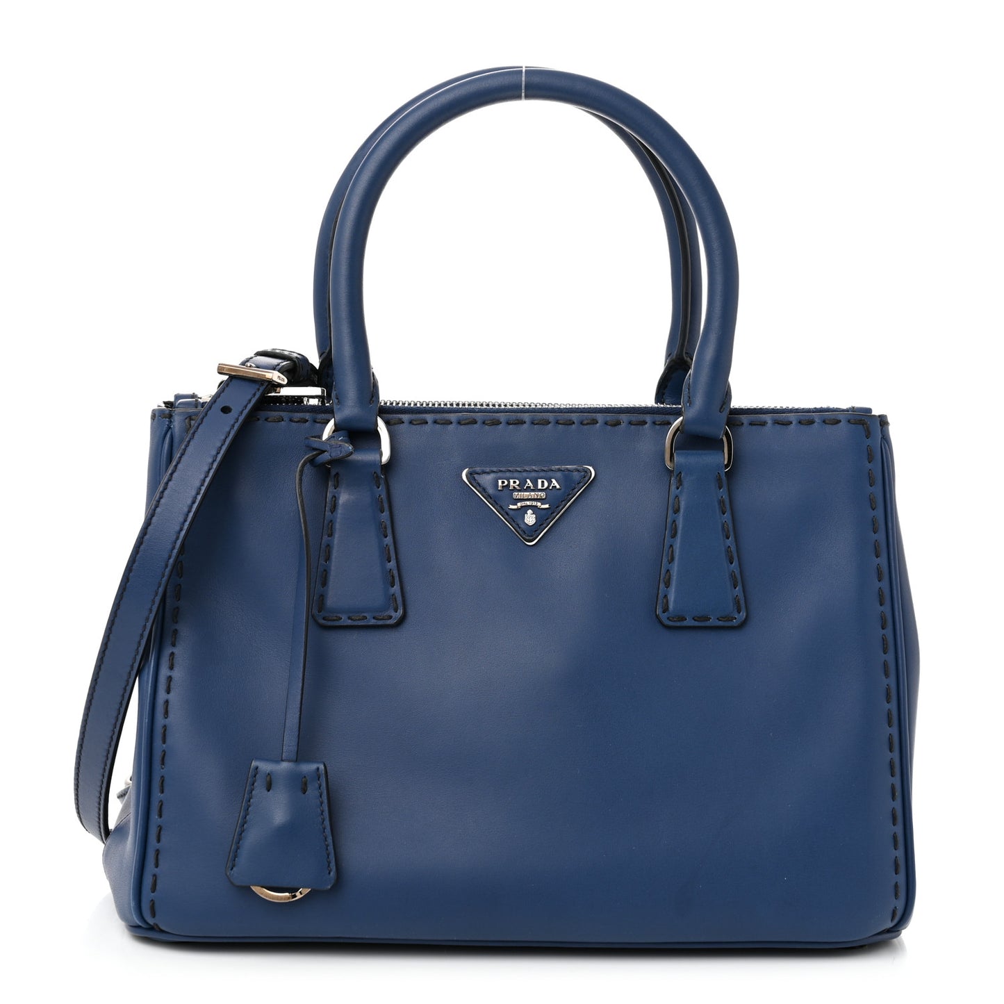 City Calf Hand Stitched Small Galleria Double Zip Tote Bluette