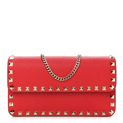 Valentino Garavani Pebbled Calfskin Rockstud Flap Wallet On Chain Rouge Pur 1 of 9