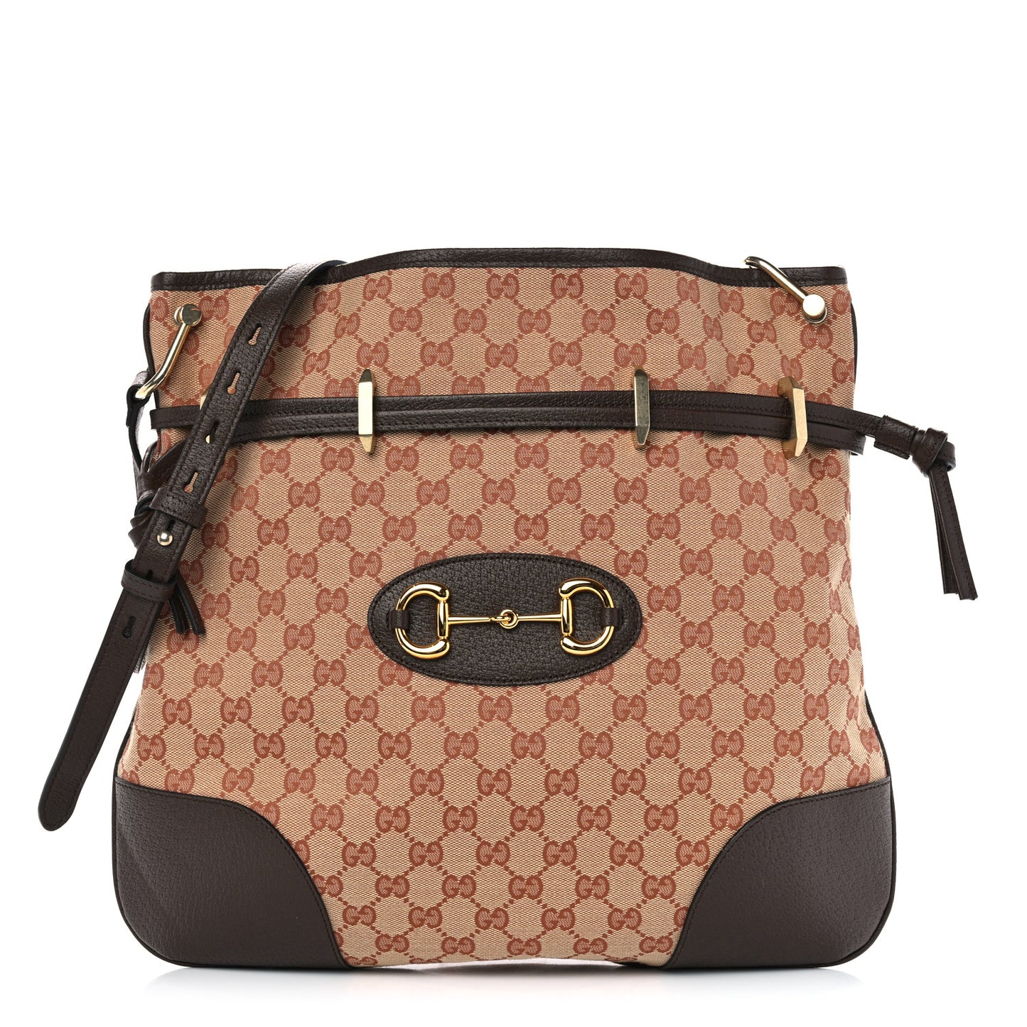 Monogram Textured Dollar Calfskin Horsebit 1955 Cinch Top Messenger Bag Beige Ebony Cocoa