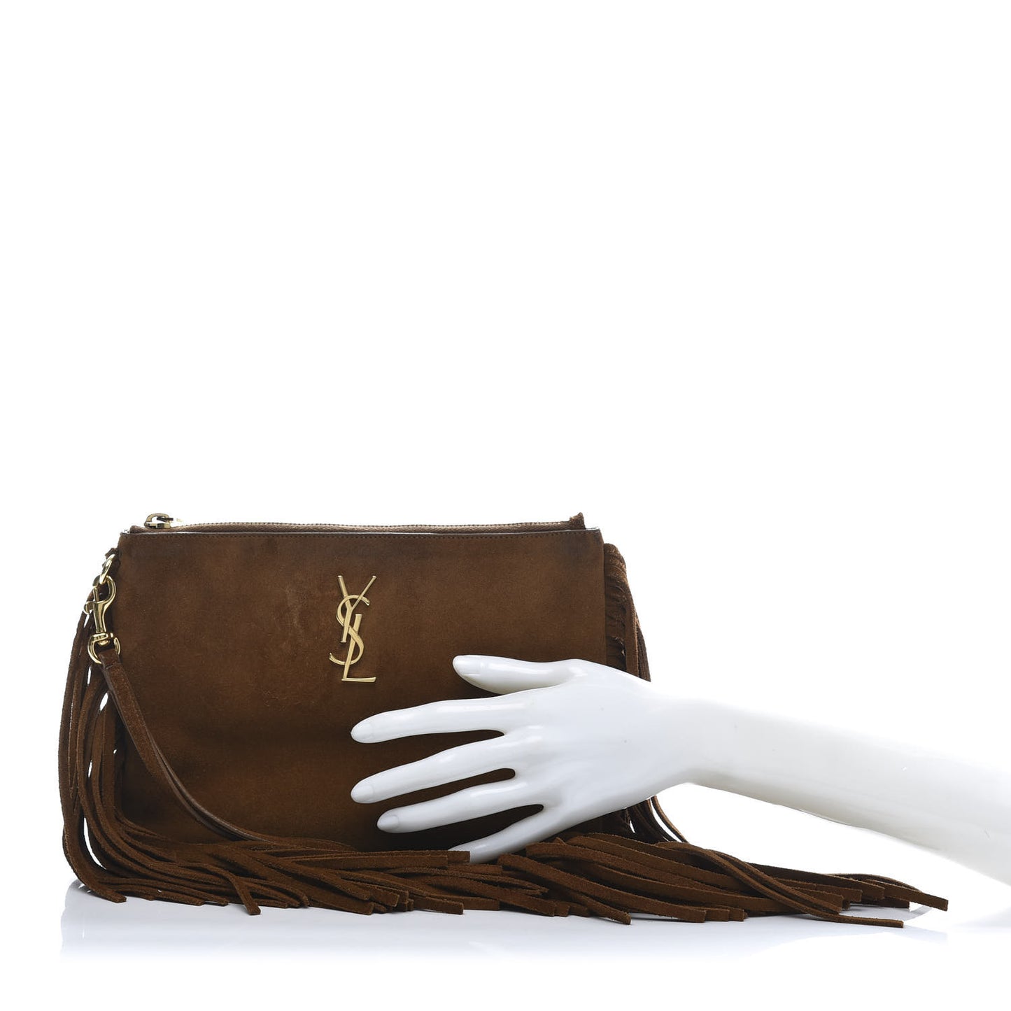 Suede Calfskin Small Fringe Clutch Brown