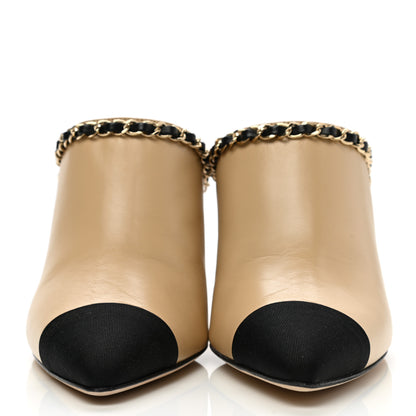 Chanel Lambskin Grosgrain Cap Toe Chain Mule 38.5 Beige Black 2 of 10