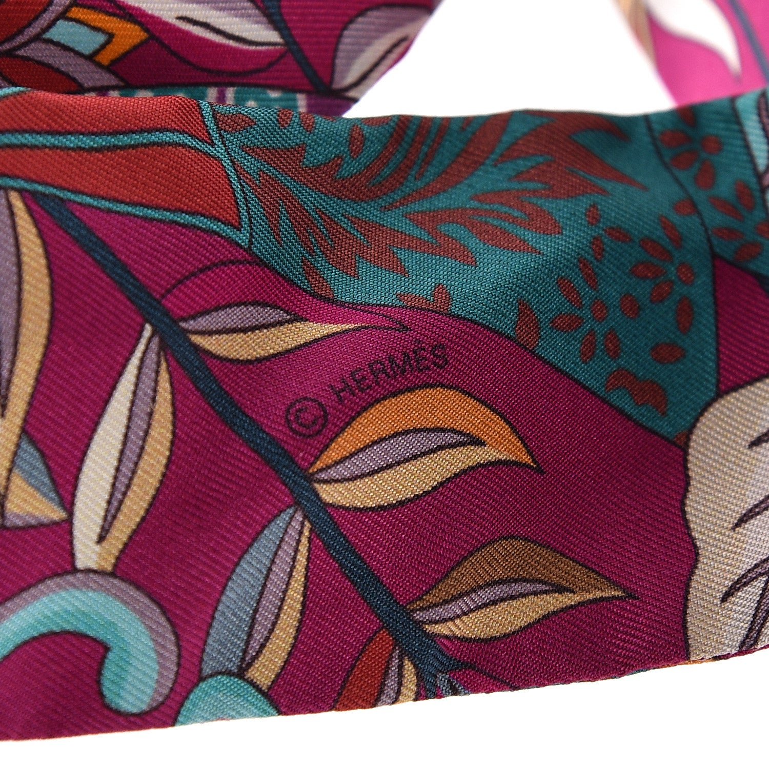 Hermes Silk Fleurs et Papillons de Tissus Twilly Fuchsia Turquoise Beige 5 of 5