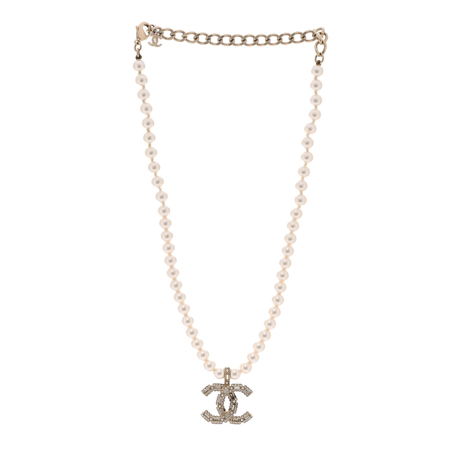 Chanel Pearl Crystal Baguette CC Short Necklace Gold 3 of 6