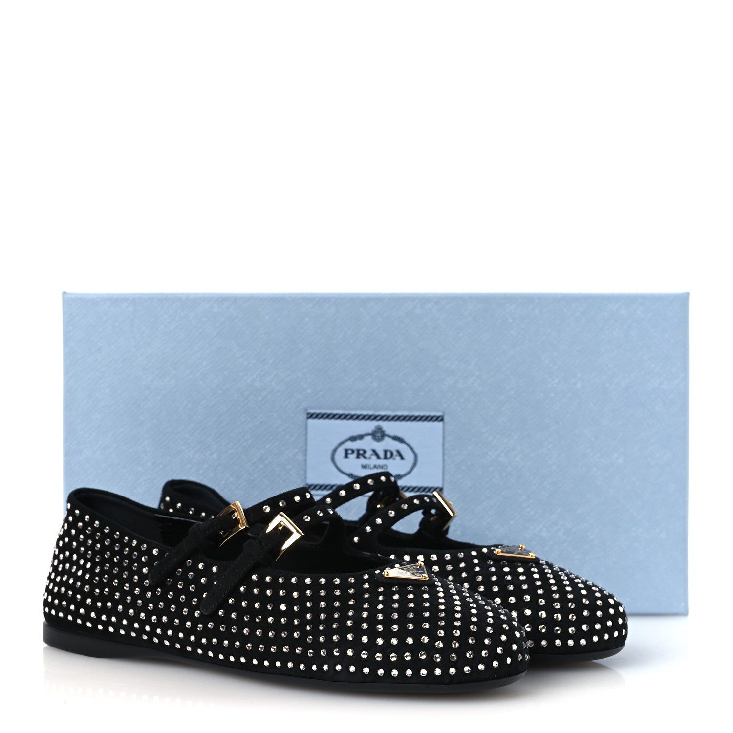 Prada Suede Crystal Studded Ballerina Flats 37 Black 1878619