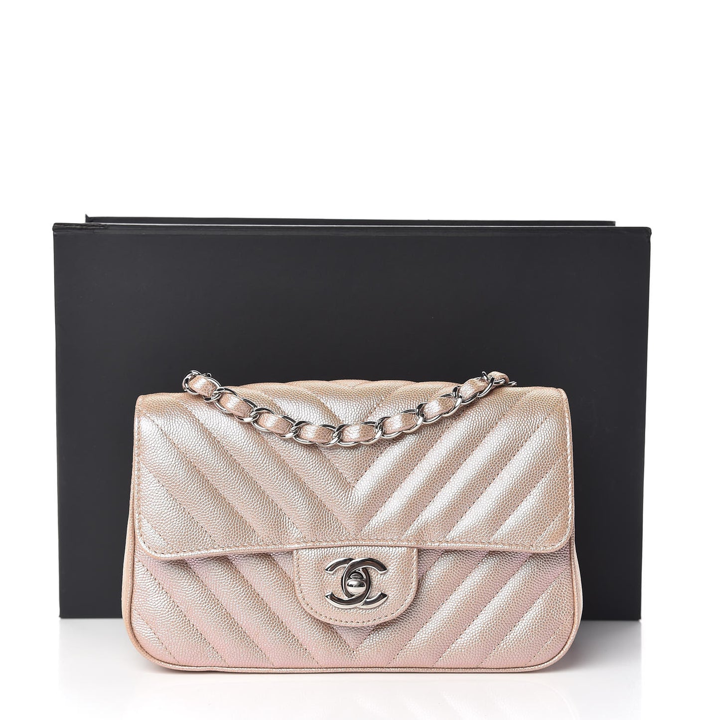 Iridescent Caviar Chevron Quilted Mini Rectangular Flap Light Gold