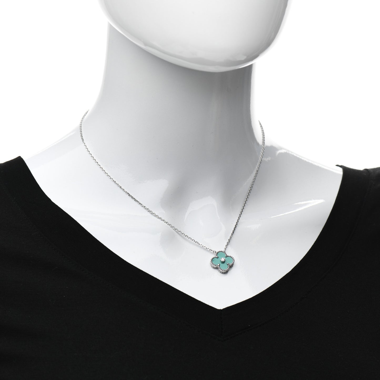 18K White Gold Diamond Celadon Green Sevres Porcelain Vintage Alhambra Pendant Necklace