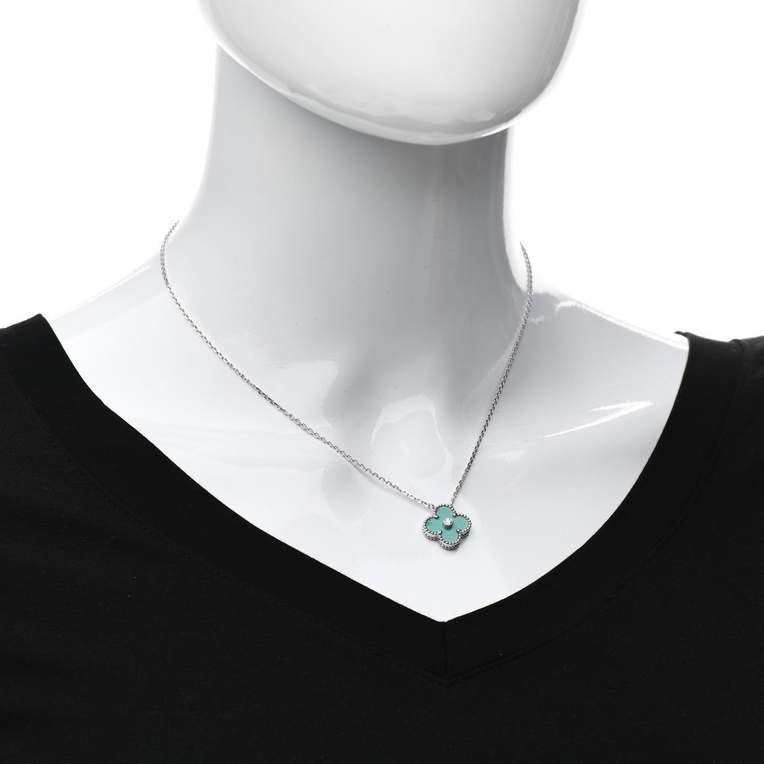 Van Cleef & Arpels 18K White Gold Diamond Celadon Green Sevres Porcelain Vintage Alhambra Pendant Necklace 2 of 5