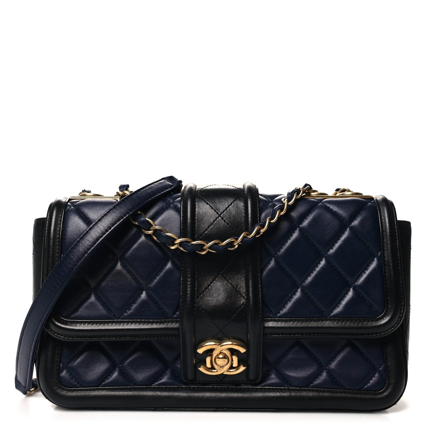 Lambskin Quilted Medium Elegant CC Flap Navy Black