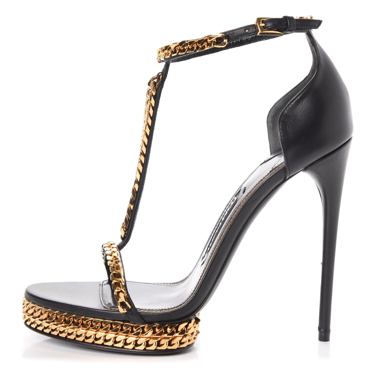 Calfskin Curb Chain Platform Sandals 38 Black Gold