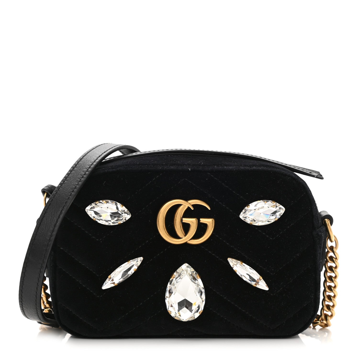 Gucci Velvet Matelasse Marquise Crystals Mini GG Marmont Chain Shoulder Bag Black 1 of 10