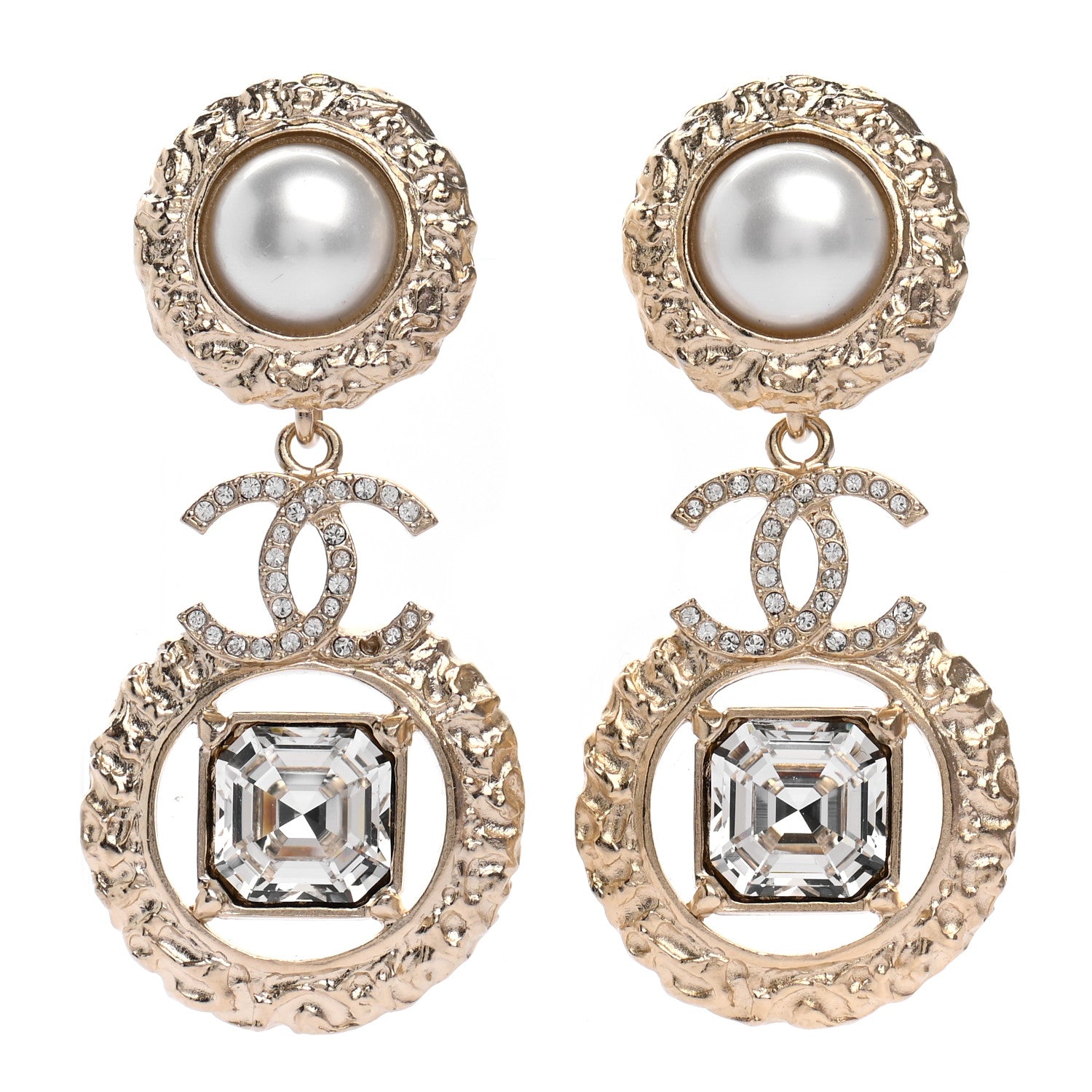 Chanel Crystal Pearl CC Drop Earrings Gold Pearly White 1 of 4