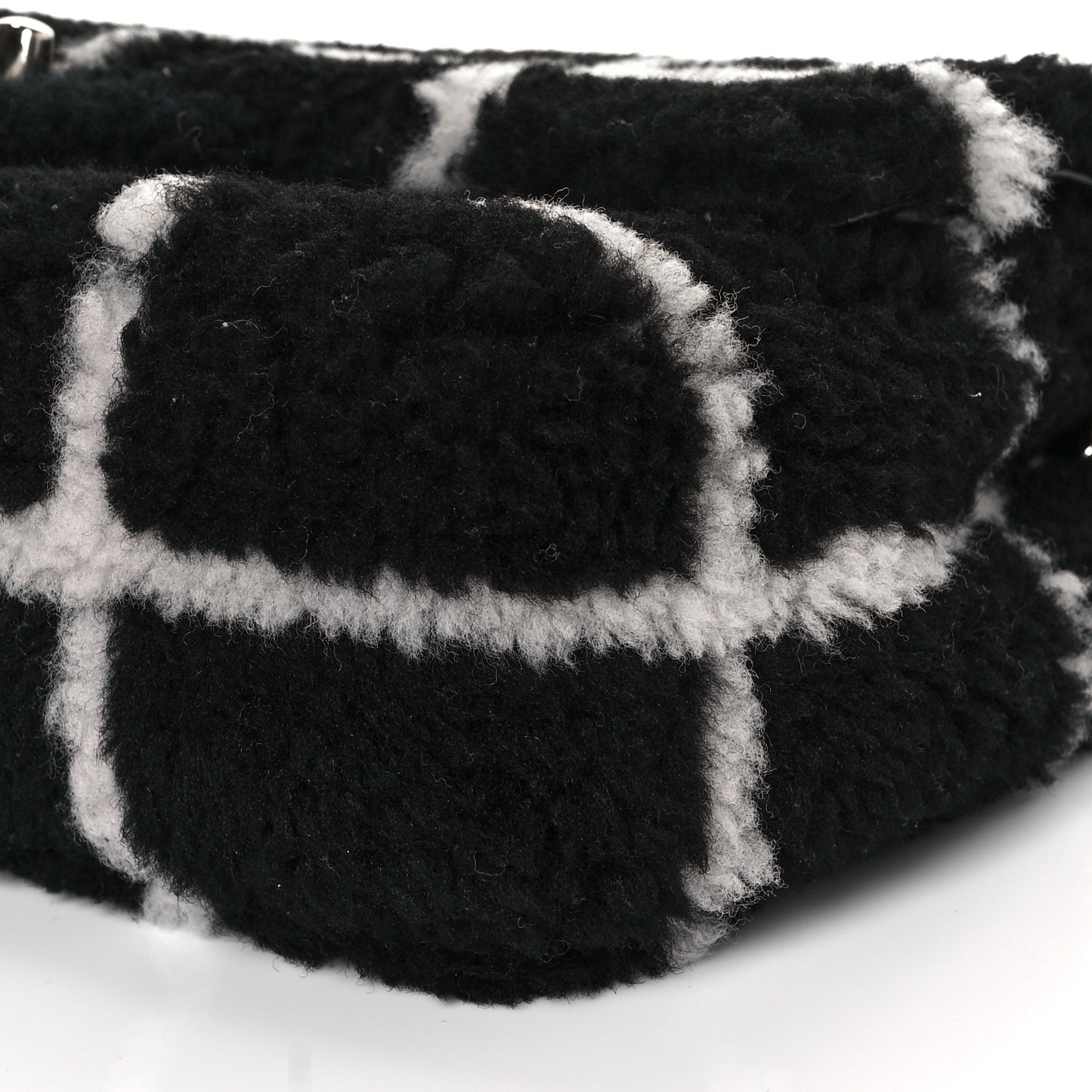 Shearling Lambskin Large Fluffy Tartan Single Flap Black White