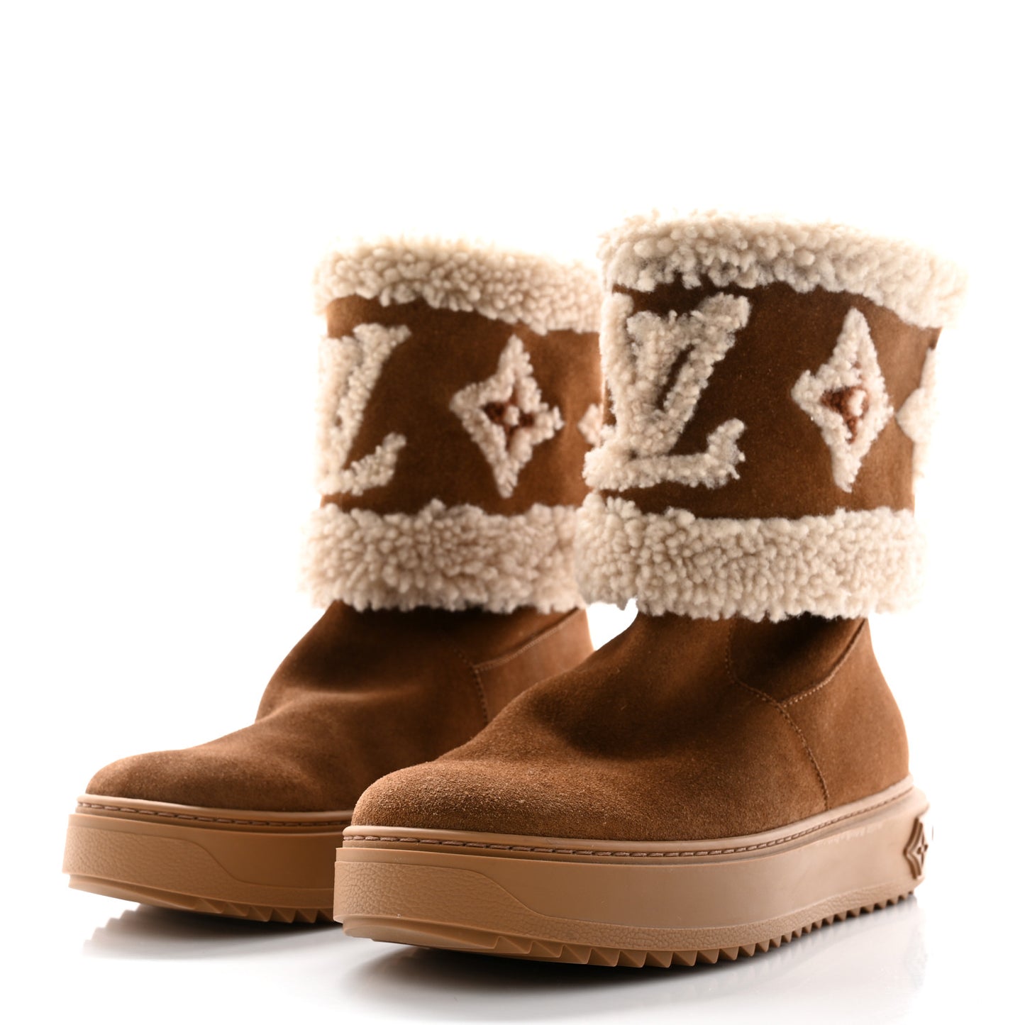 Suede Calfskin Shearling Snowdrop Flat Ankle Boot 37 Cognac