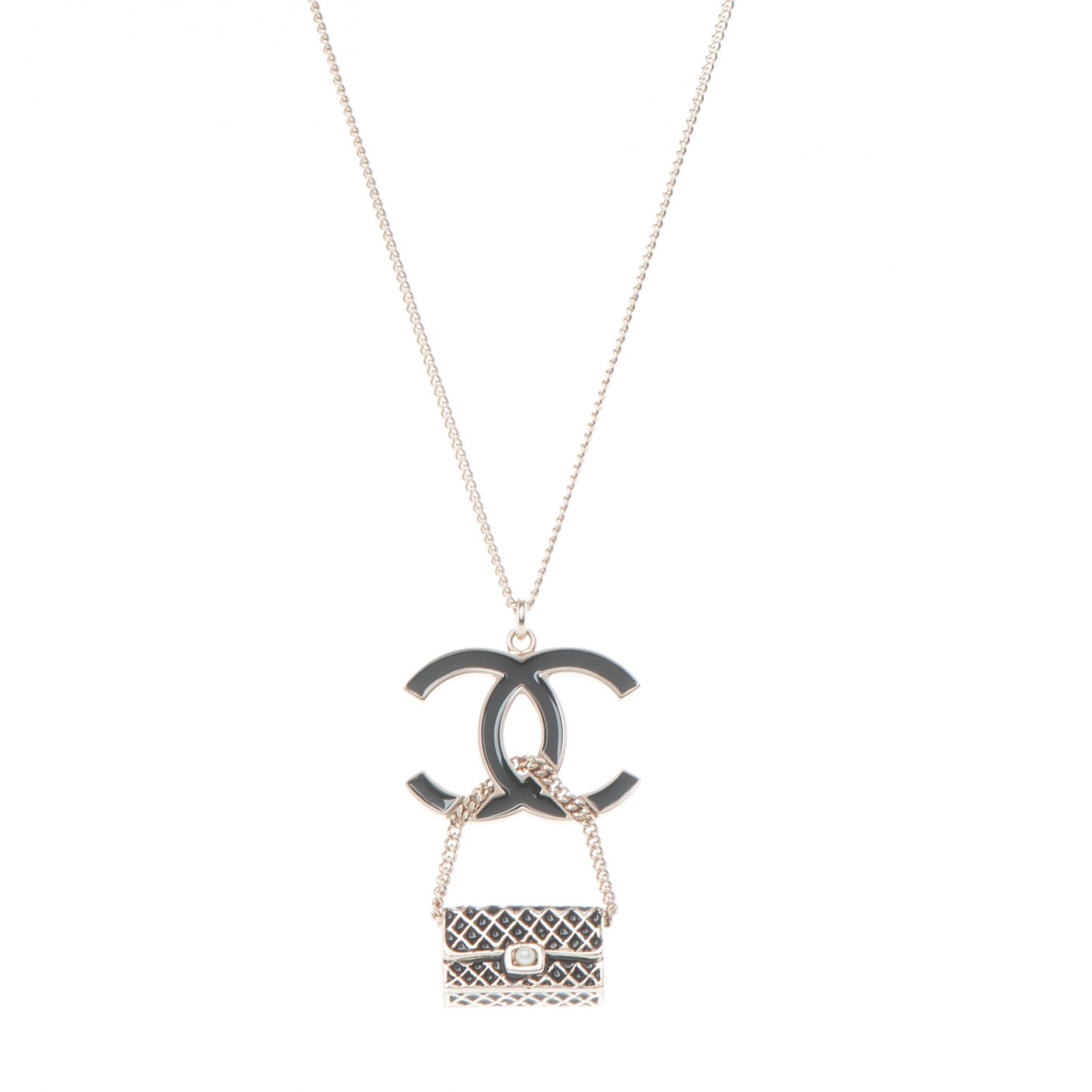 Enamel Pearl CC Flap Pedant Necklace Black