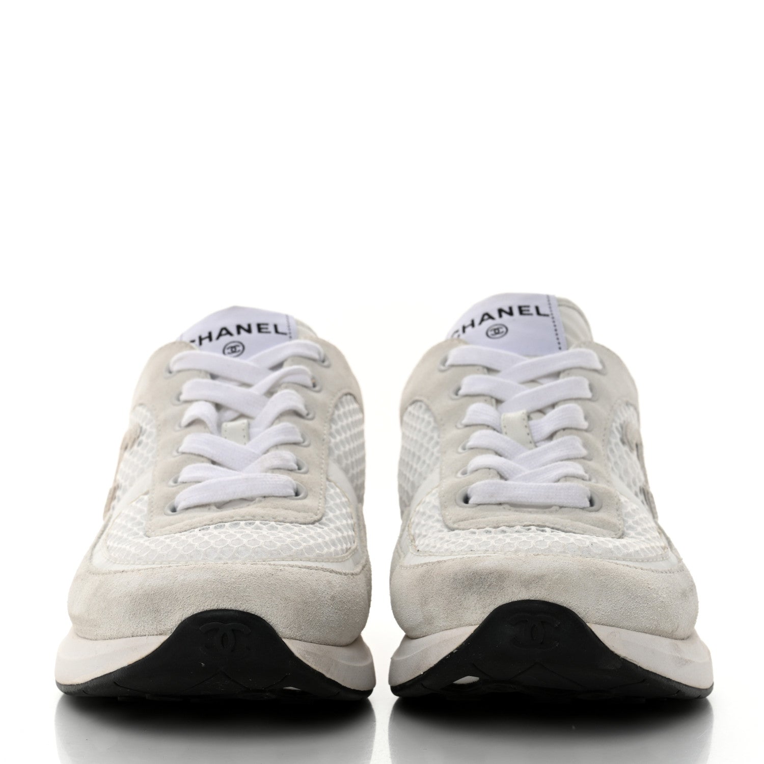 Chanel Calfskin Mesh Lycra Suede Womens Logo Sneakers 37.5 White 2 of 9