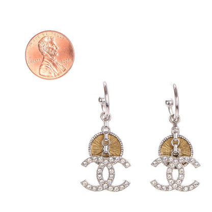 Chanel Crystal Medallion CC Dangle Earrings Silver Gold 2 of 5