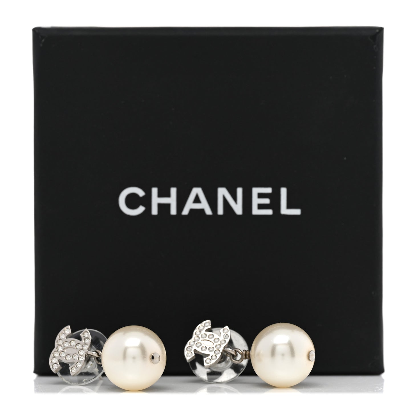 Crystal Pearl CC Drop Earrings Silver Pearly White
