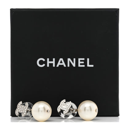 Chanel Crystal Pearl CC Drop Earrings Silver Pearly White 6 of 6