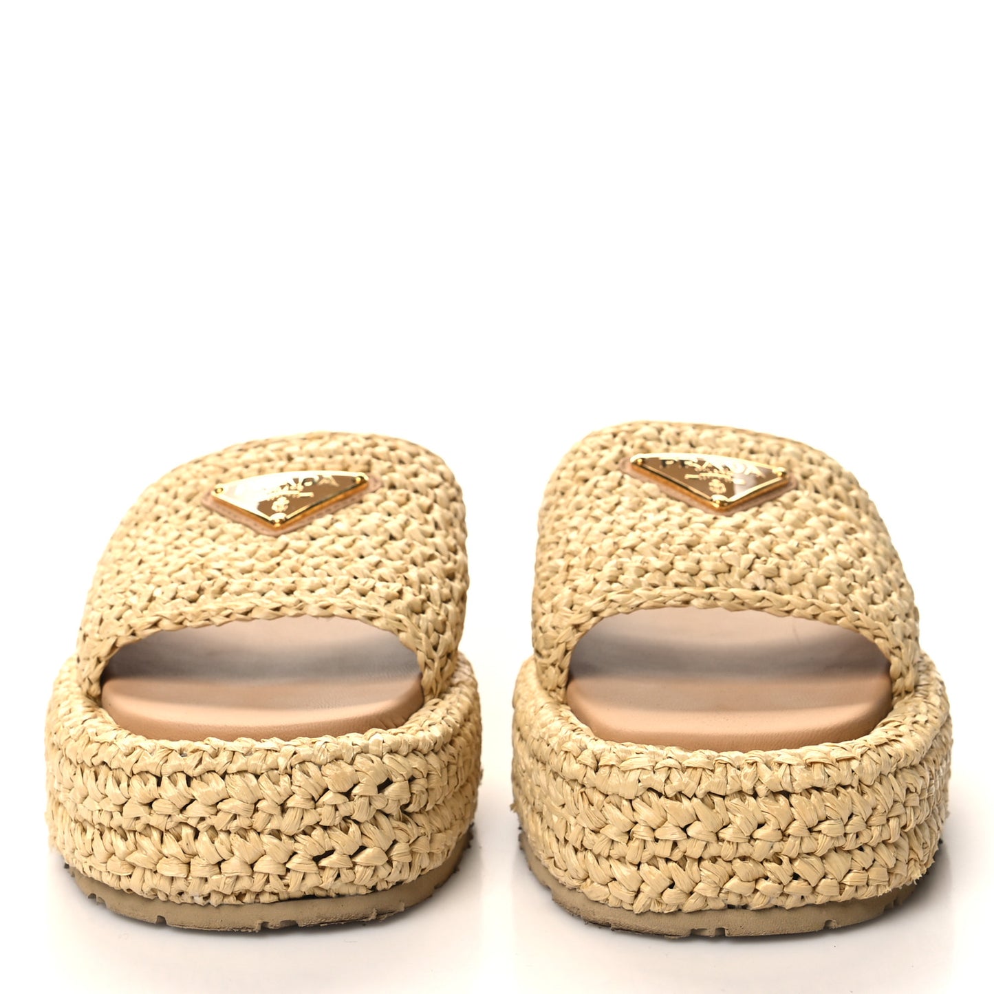 Raffia Metal Triangle Logo Woven Flatform 35mm Slide Sandals 37 Naturale