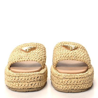 Prada Raffia Metal Triangle Logo Woven Flatform 35mm Slide Sandals 37 Naturale 2 of 9