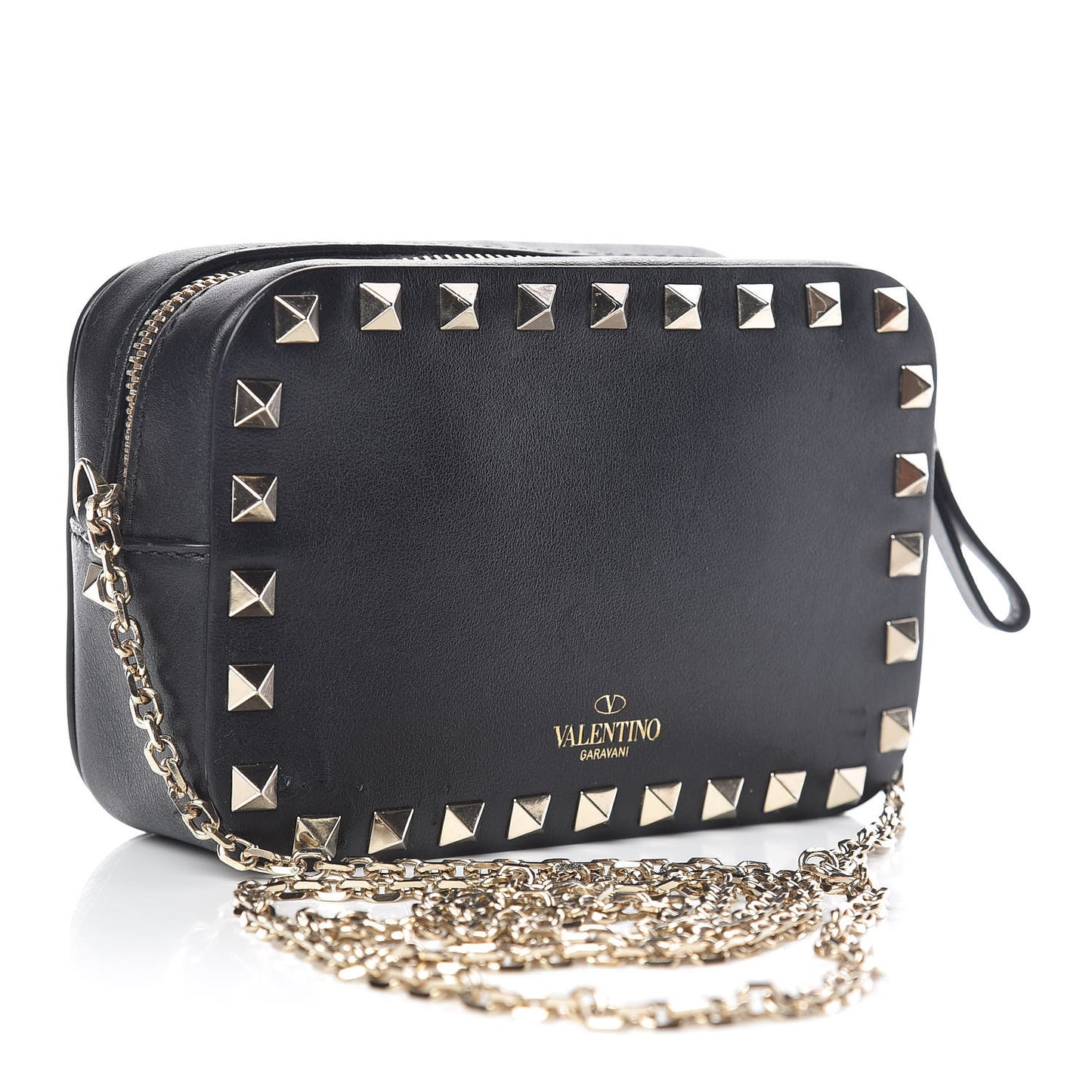 Calfskin Small Rockstud Chain Camera Crossbody Bag Black
