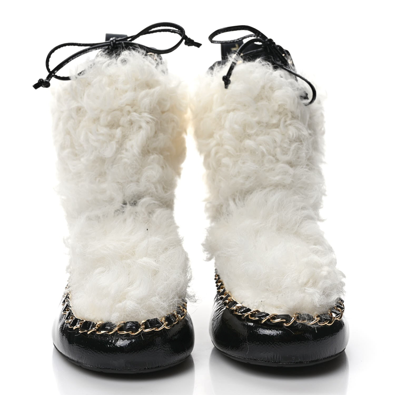 Chanel Patent Shearling Chain Boots 37.5 Black White 2 of 8