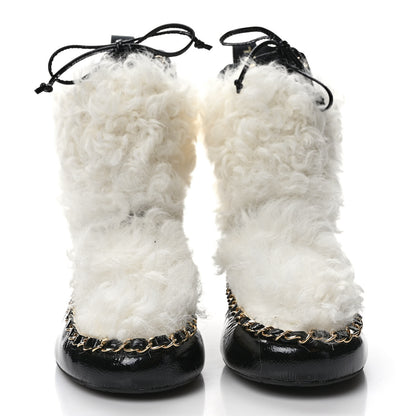 Chanel Patent Shearling Chain Boots 37.5 Black White 2 of 8