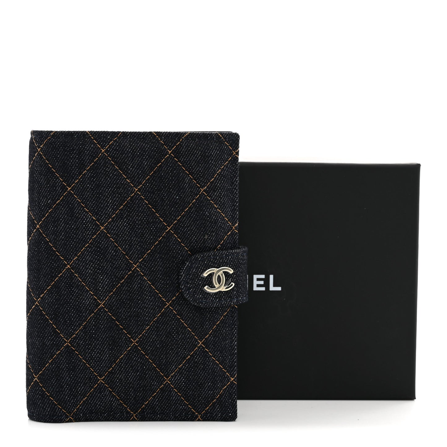 Denim Quilted Passport Holder Dark Blue Orange