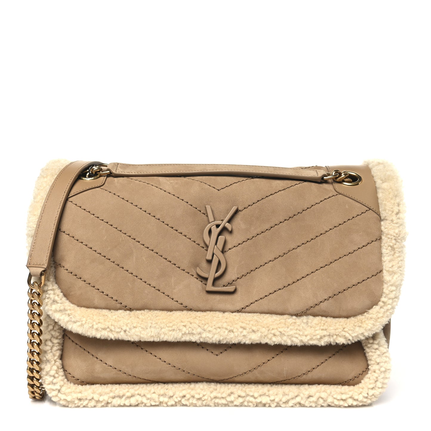 Nubuck Shearling Monogram Medium Niki Chain Satchel Ivory Natural Tan