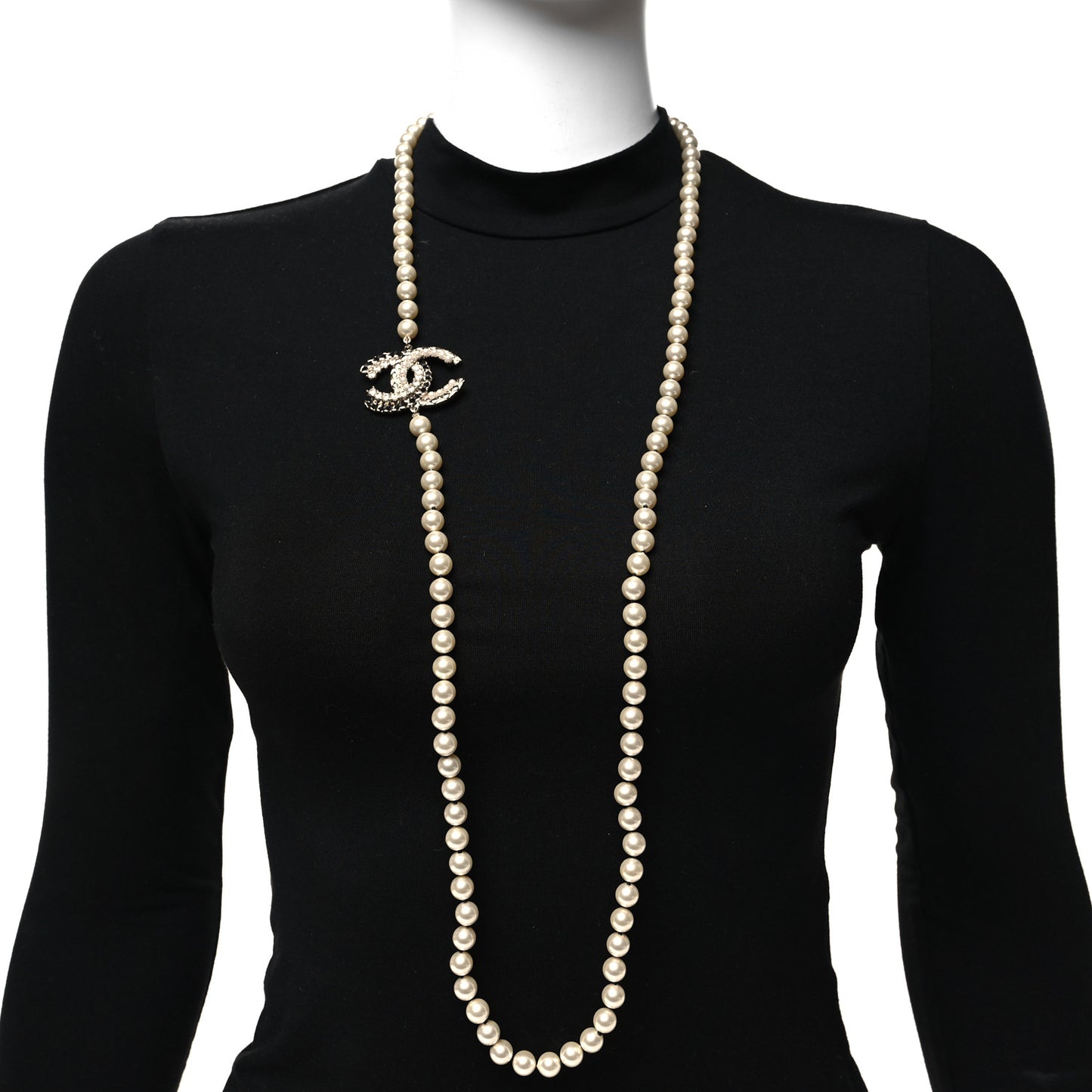 Pearl Crystal Lambskin CC Long Necklace Gold Black