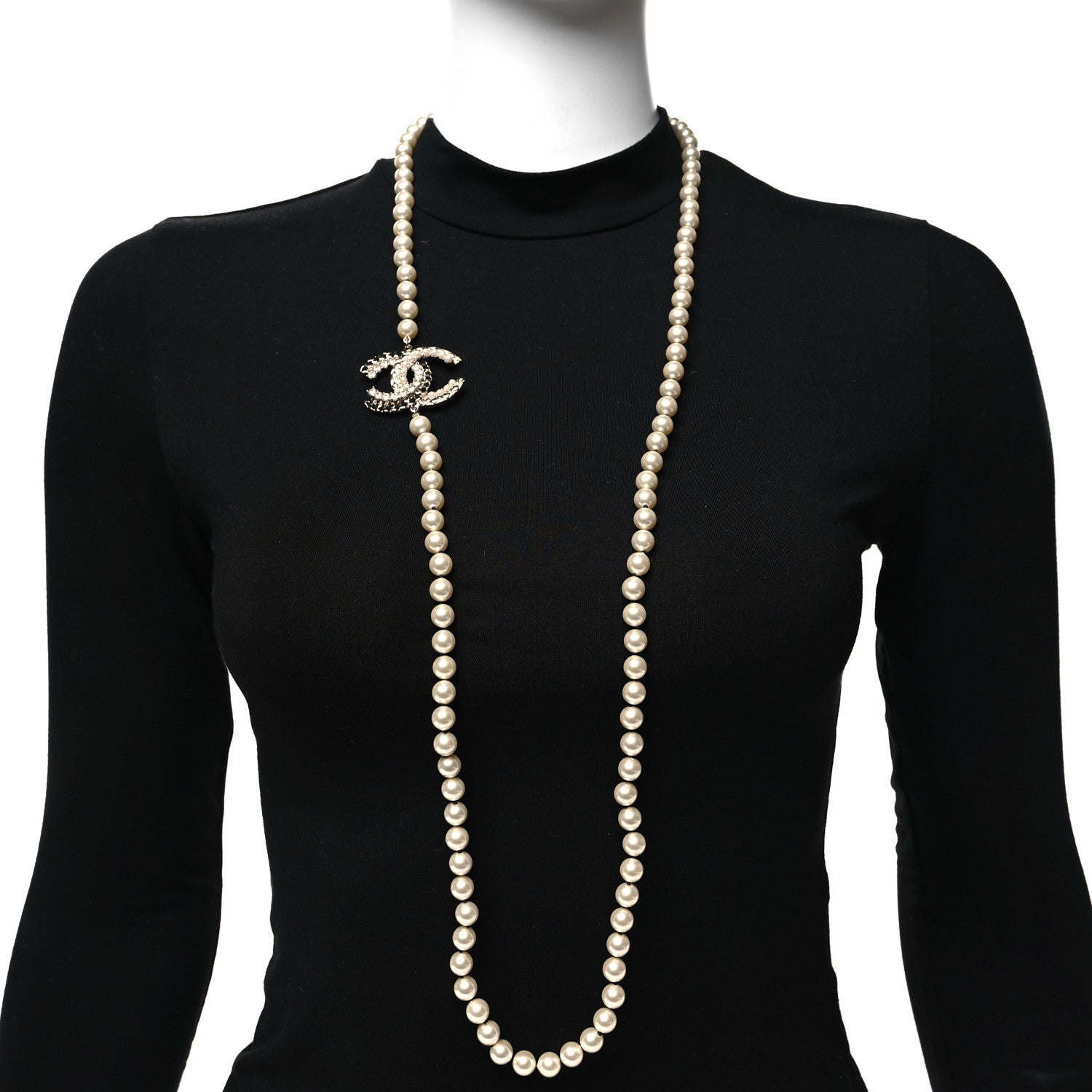 Chanel Pearl Crystal Lambskin CC Long Necklace Gold Black 2 of 4