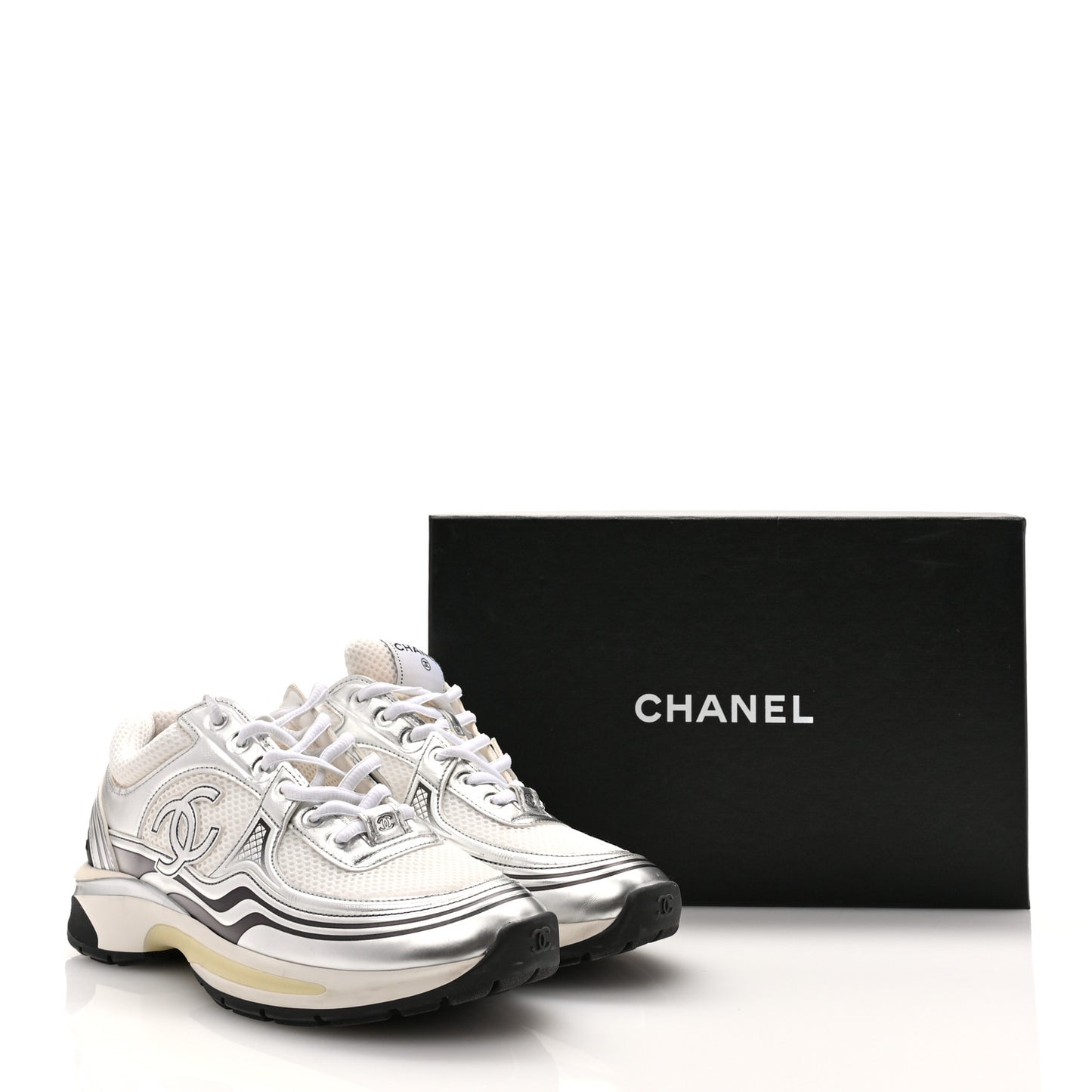 Fabric Laminated Calfskin Stretch CC Womens Sneakers 39.5 White Silver