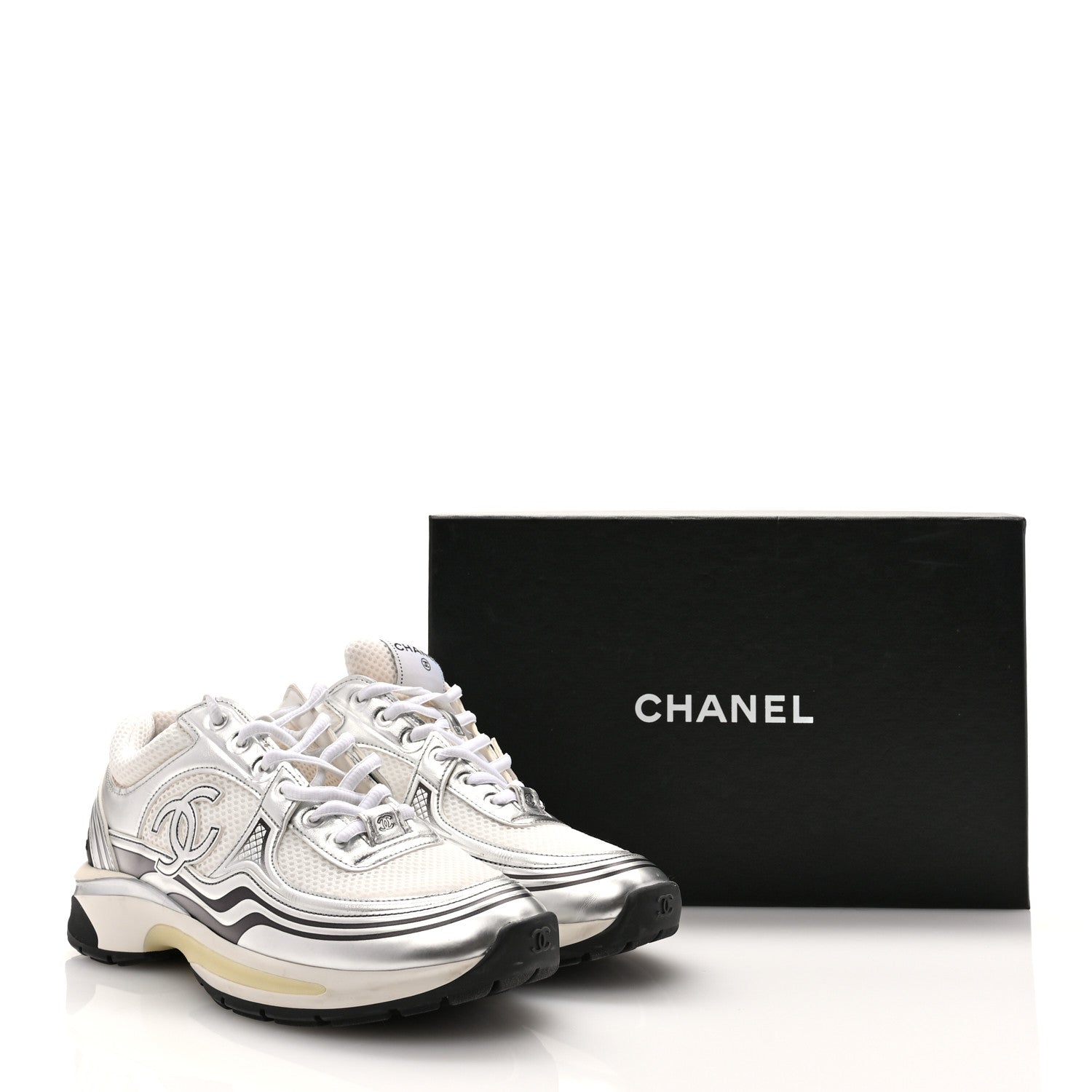 Chanel Fabric Laminated Calfskin Stretch CC Womens Sneakers 39.5 White Silver 10 of 12