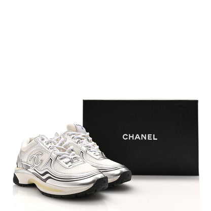 Chanel Fabric Laminated Calfskin Stretch CC Womens Sneakers 39.5 White Silver 10 of 12