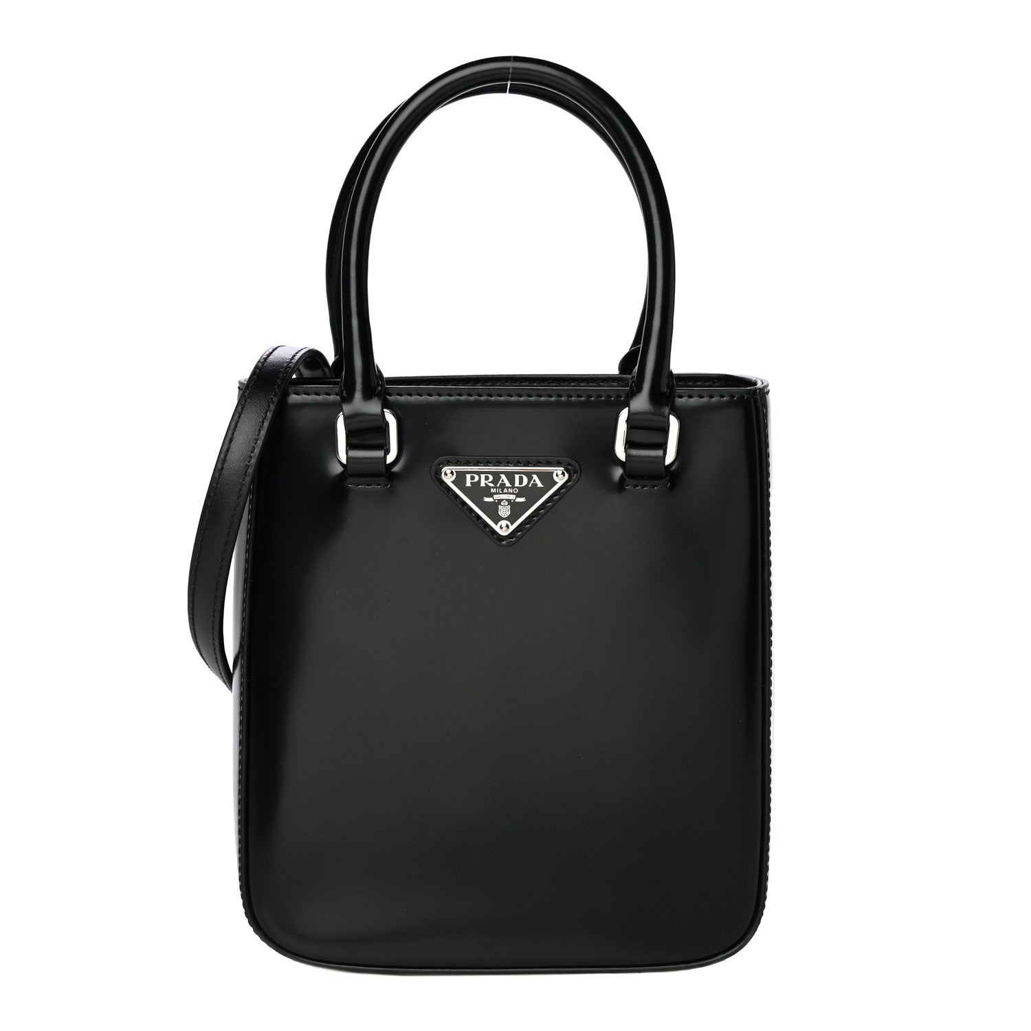 Prada Spazzolato Triangle Small Double Handle Crossbody Tote Black 1 of 14