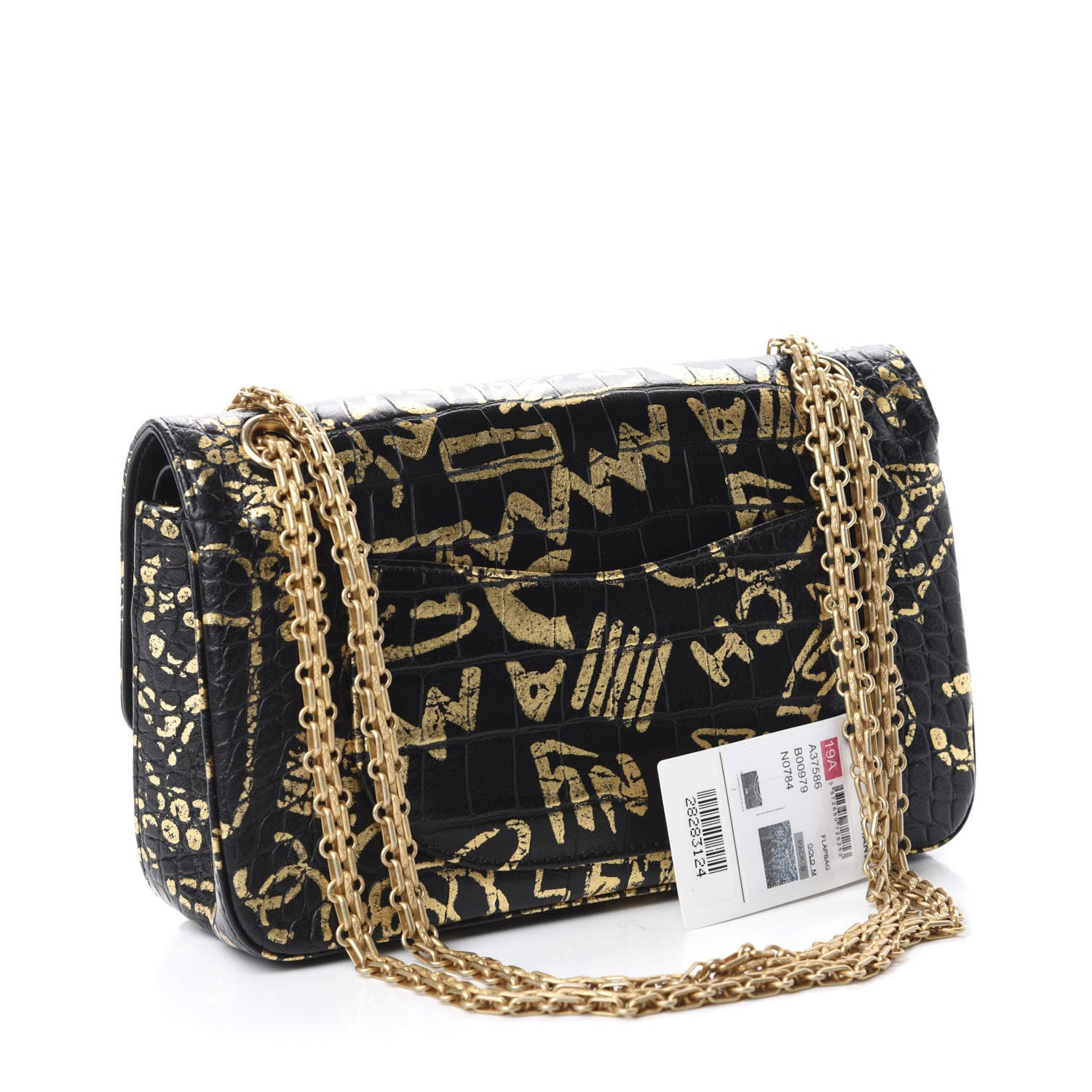 Chanel Calfskin Crocodile Embossed Graffiti 2.55 Cocodile Reissue 225 Flap Black Gold 3 of 12