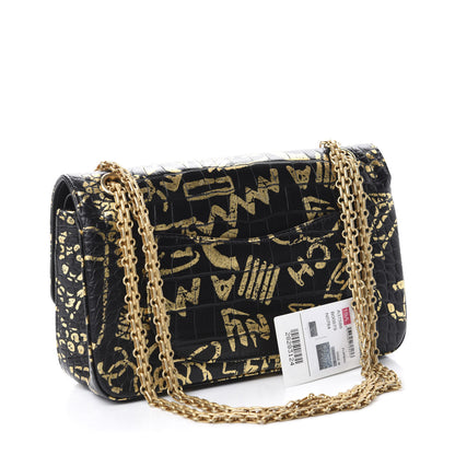 Chanel Calfskin Crocodile Embossed Graffiti 2.55 Cocodile Reissue 225 Flap Black Gold 3 of 12